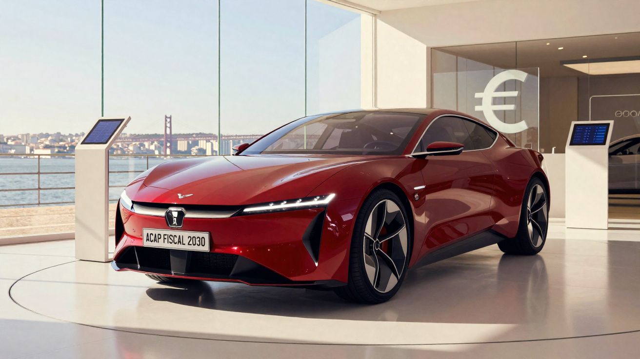 Carro esportivo vermelho futurista exibido em showroom moderno com vista panorâmica e símbolo do euro ao fundo.