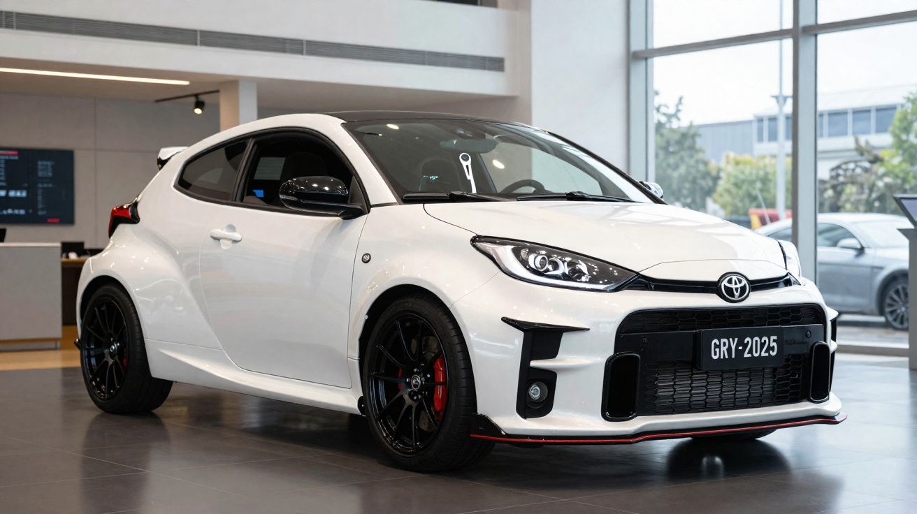 Carro esportivo branco Toyota GR Yaris 2025 em exposição interna, vista frontal lateral direita.