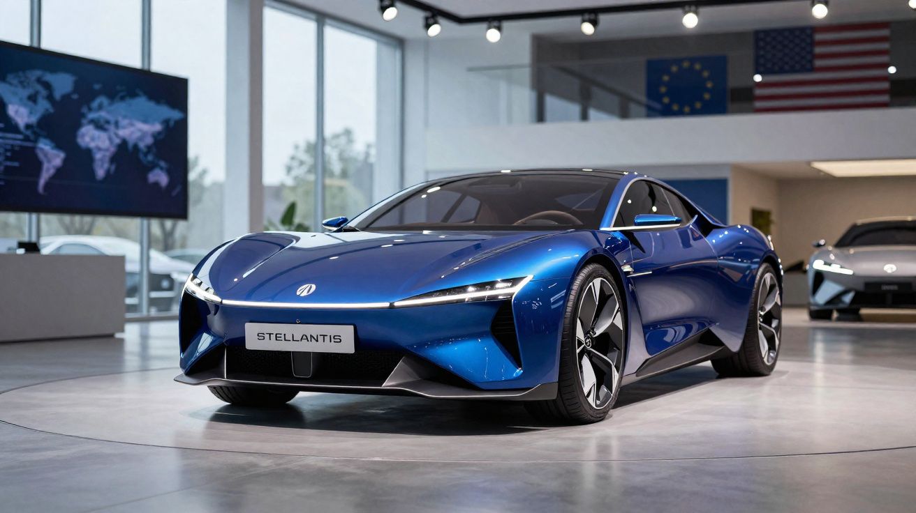 Carro esportivo azul da Stellantis em exposição interna, com design aerodinâmico e moderno.