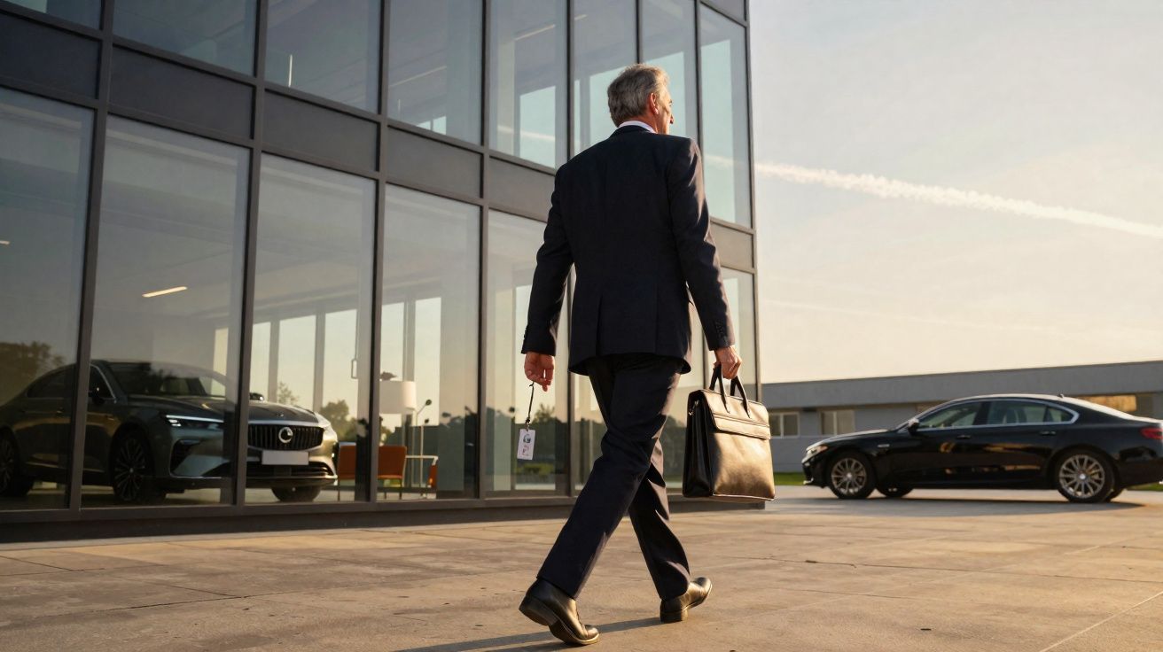 Homem de terno caminhando com pasta na mão em frente a edifício comercial com carros estacionados.