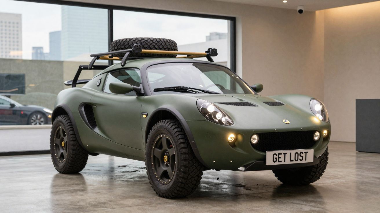 Carro esportivo verde fosco com pneus off-road e estepe no teto em ambiente interno moderno.