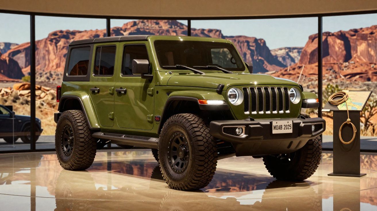 Jeep Wrangler verde militar em exposição com cenário de deserto ao fundo.