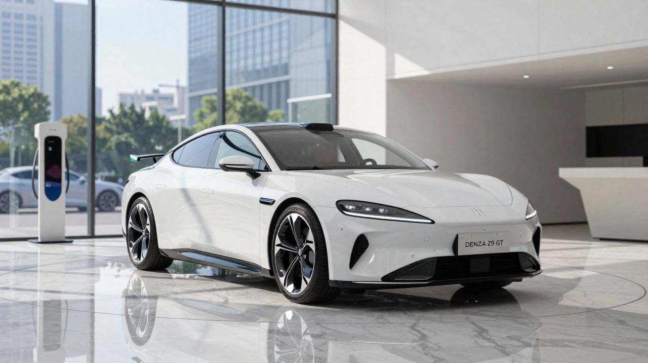 Carro elétrico branco Denza Z9 GT em showroom moderno com piso de mármore e parede de vidro.