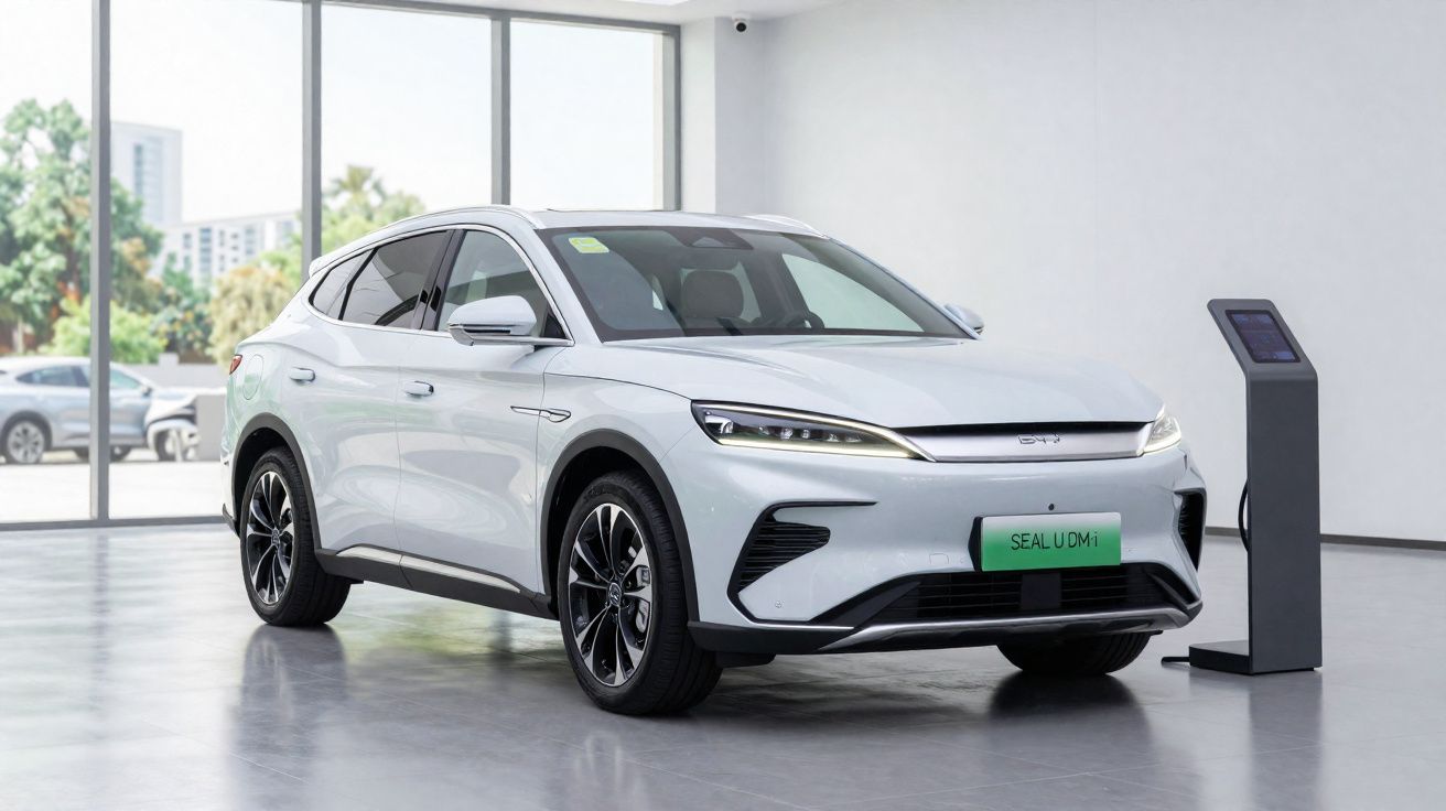 Carro elétrico branco modelo SUV em exibição em showroom, próximo a estação de carregamento.