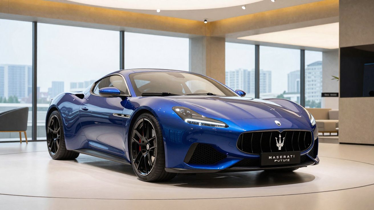 Carro esportivo Maserati azul exposto em showroom moderno com grandes janelas panorâmicas ao fundo.