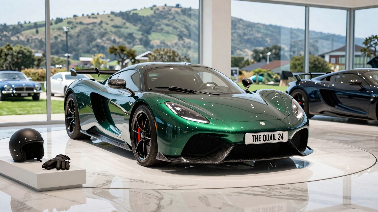 Carro esportivo verde metálico McLaren com placa "THE QUAIL 24" em exposição interna com capacete e luvas ao lado.