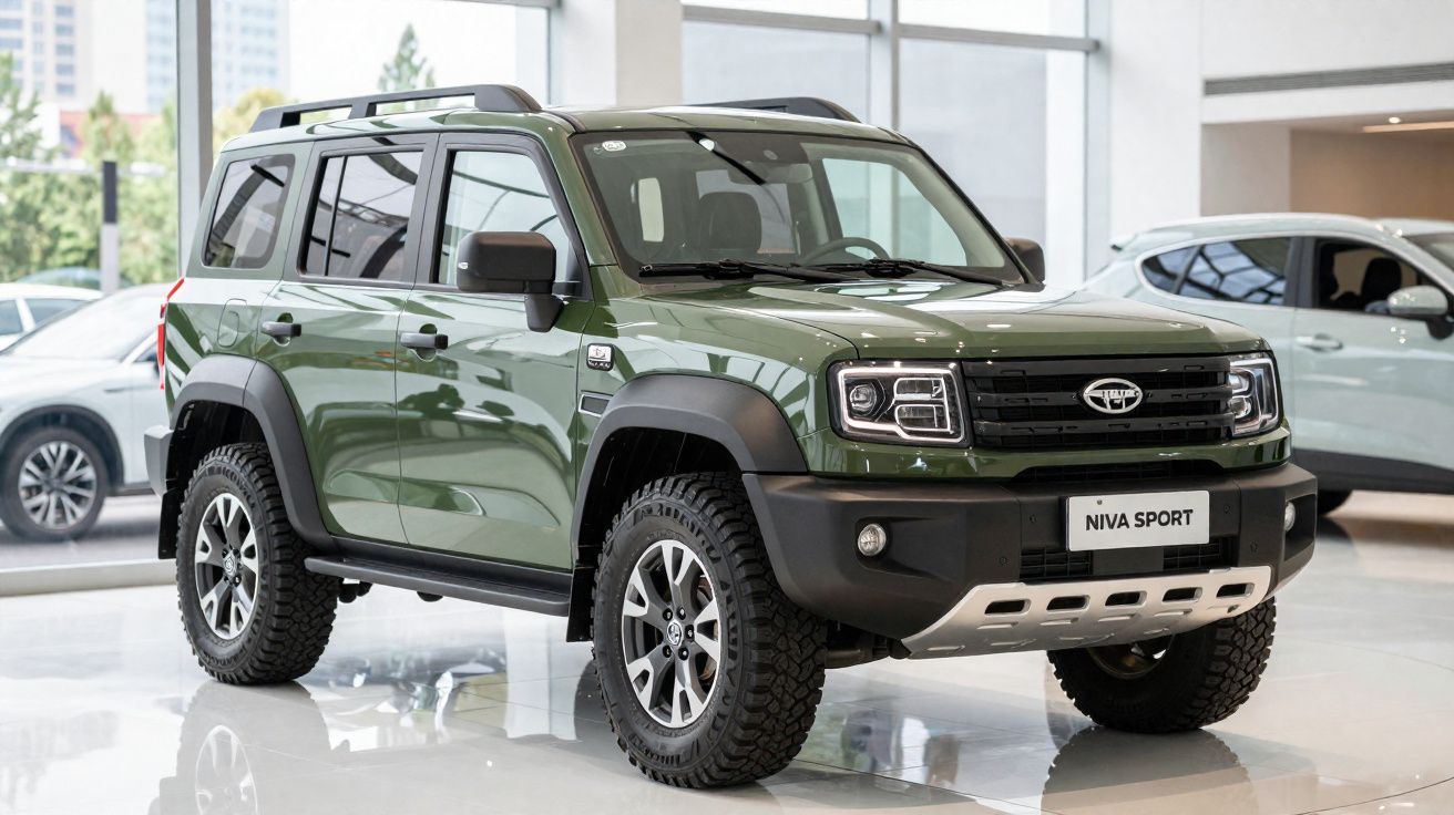 Carro SUV verde Niva Sport exibido em showroom com pneus off-road e design robusto.