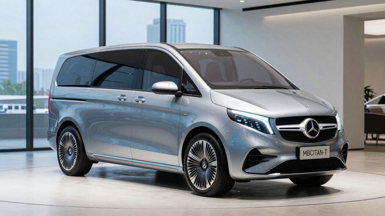 Minivan Mercedes-Benz prata com design moderno exposta em ambiente interno iluminado.