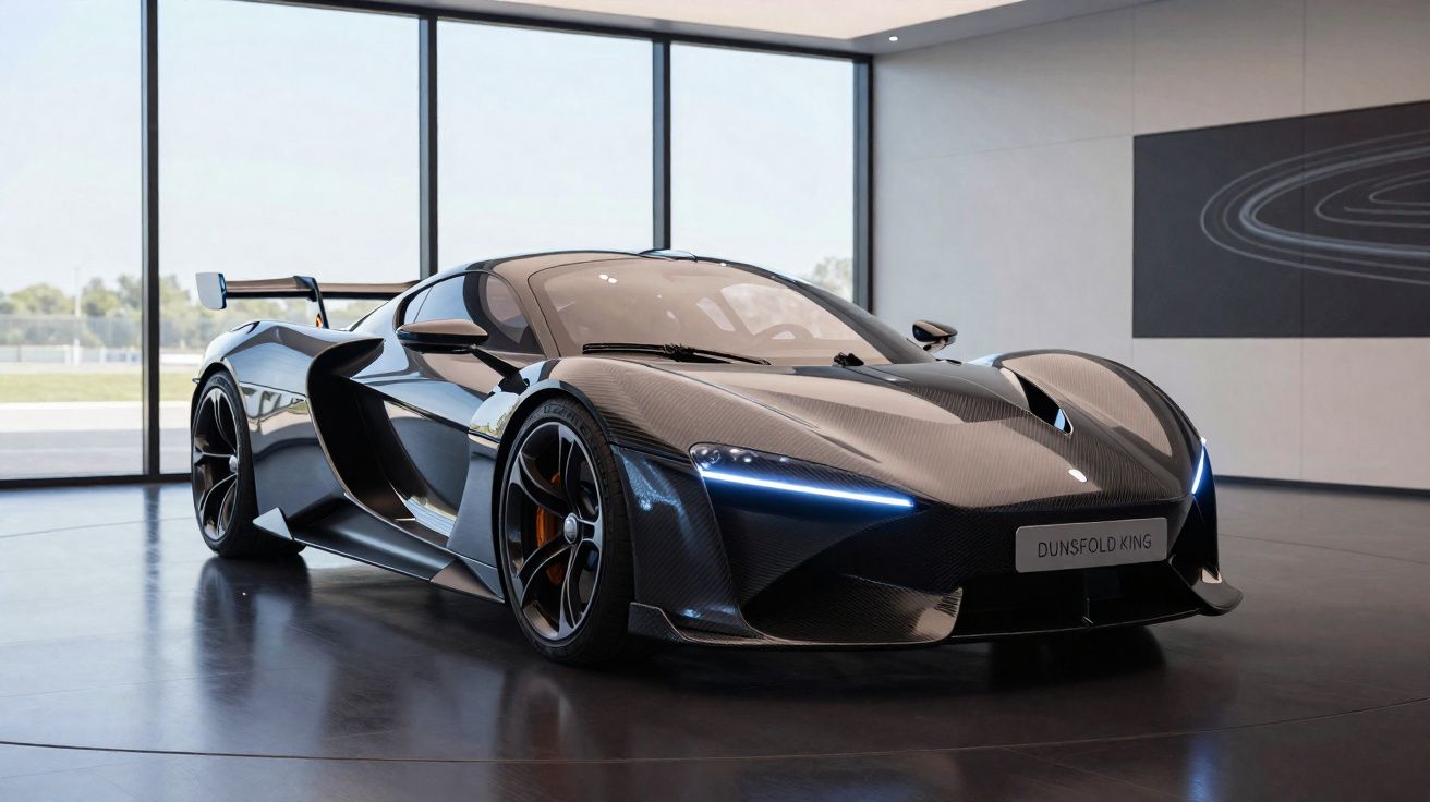 Carro esportivo preto Dunsfold King em salão moderno com grandes janelas e piso refletivo.