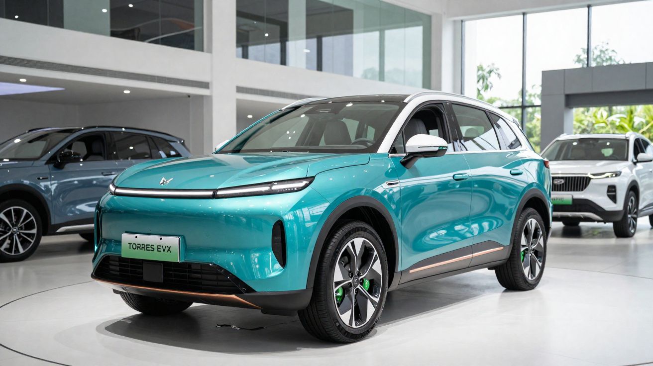 Carro SUV elétrico azul turquesa exposto em showroom moderno com outros veículos ao fundo.