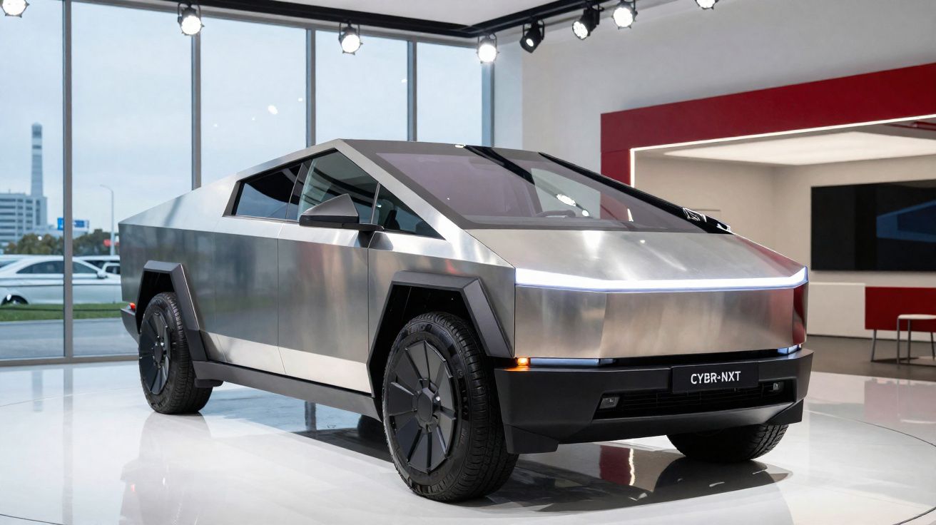 Carro elétrico Tesla Cybertruck prateado em exposição interna com design futurista e linhas angulares.