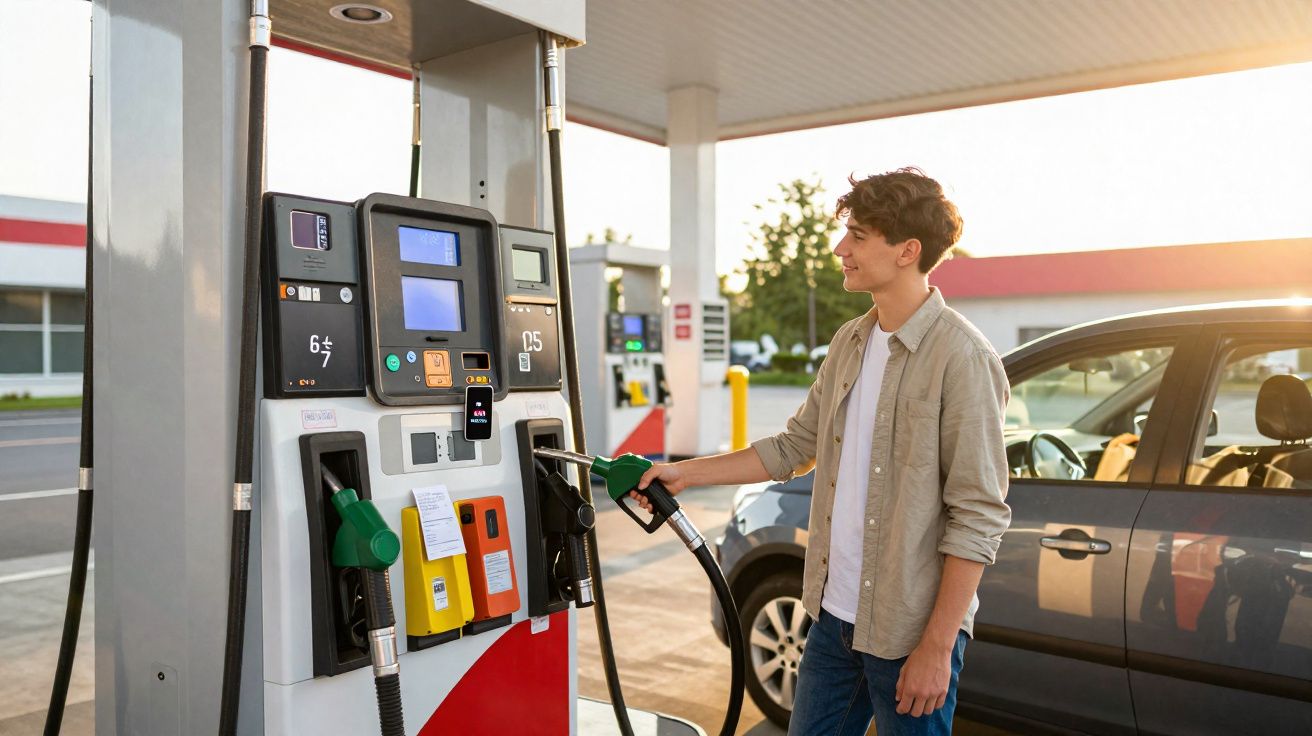 Homem jovem abastecendo carro com bomba de combustível em posto de gasolina ao entardecer.