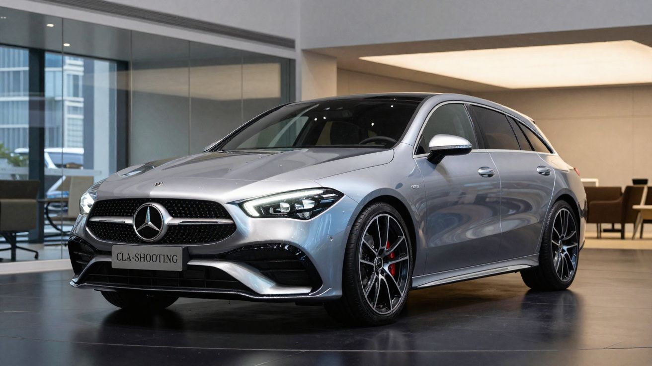Mercedes-Benz CLA Shooting Brake cinza em estande moderno, vista frontal lateral direita.