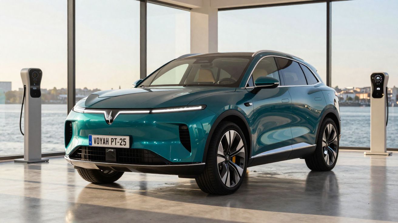 SUV elétrico verde metálico estacionado dentro de um galpão com janelas grandes e estações de recarga.