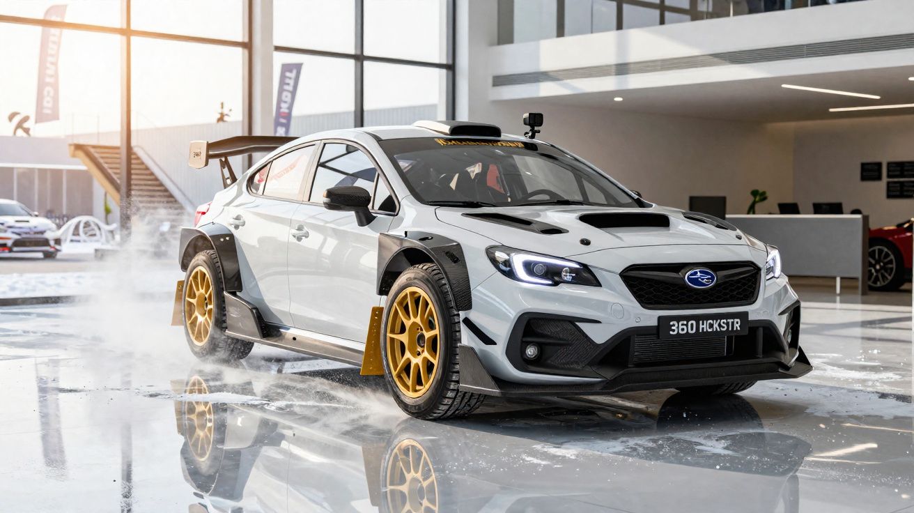 Carro esportivo branco Subaru rally com rodas douradas e aerofólio em garagem moderna com piso espelhado.