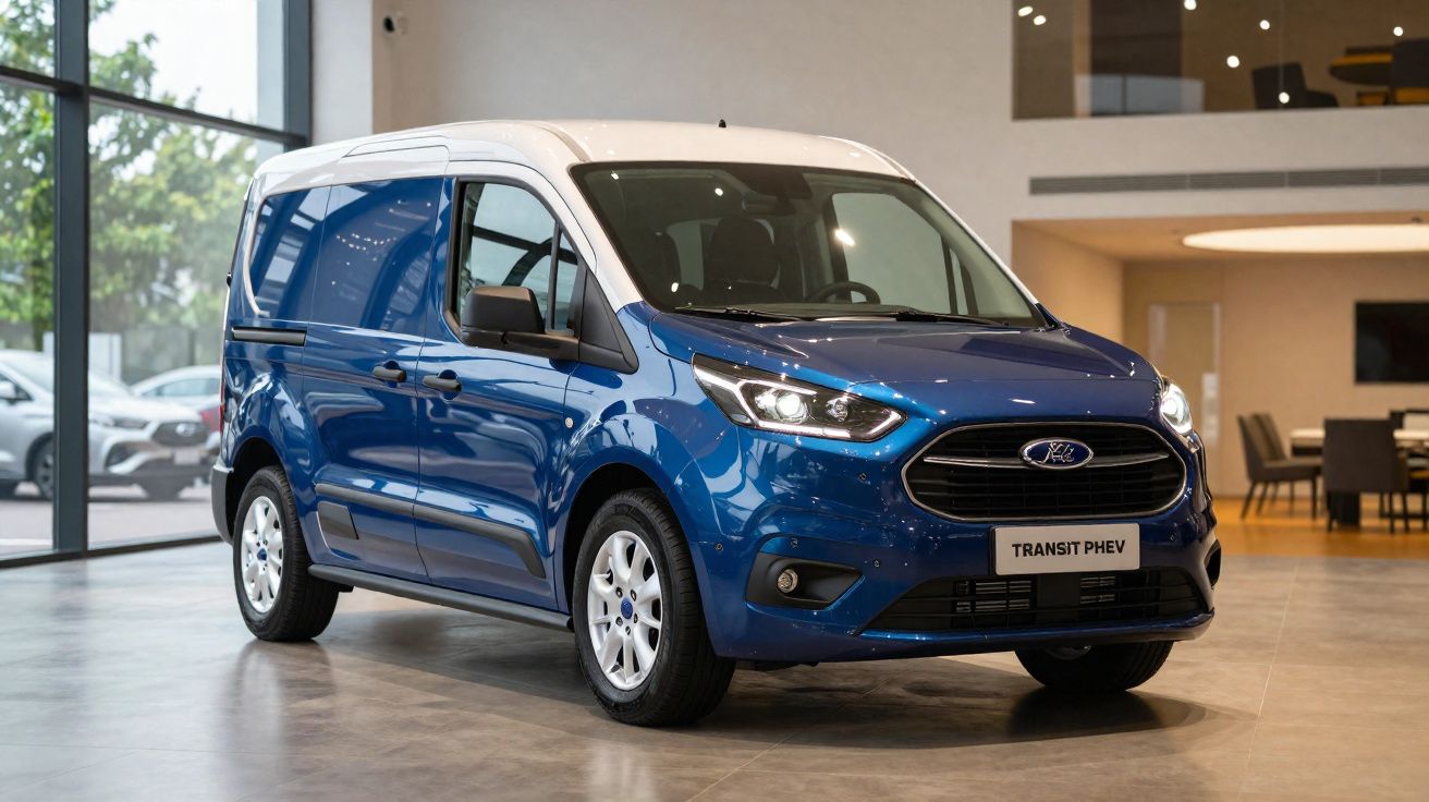 Veículo comercial Ford Transit PHEV azul com teto branco em showroom moderno e iluminado.