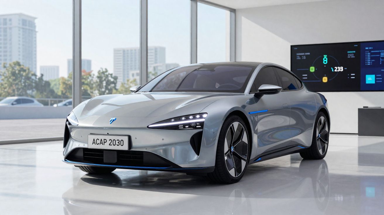 Carro elétrico moderno cinza estacionado em ambiente interno com janelas amplas e painel digital atrás.