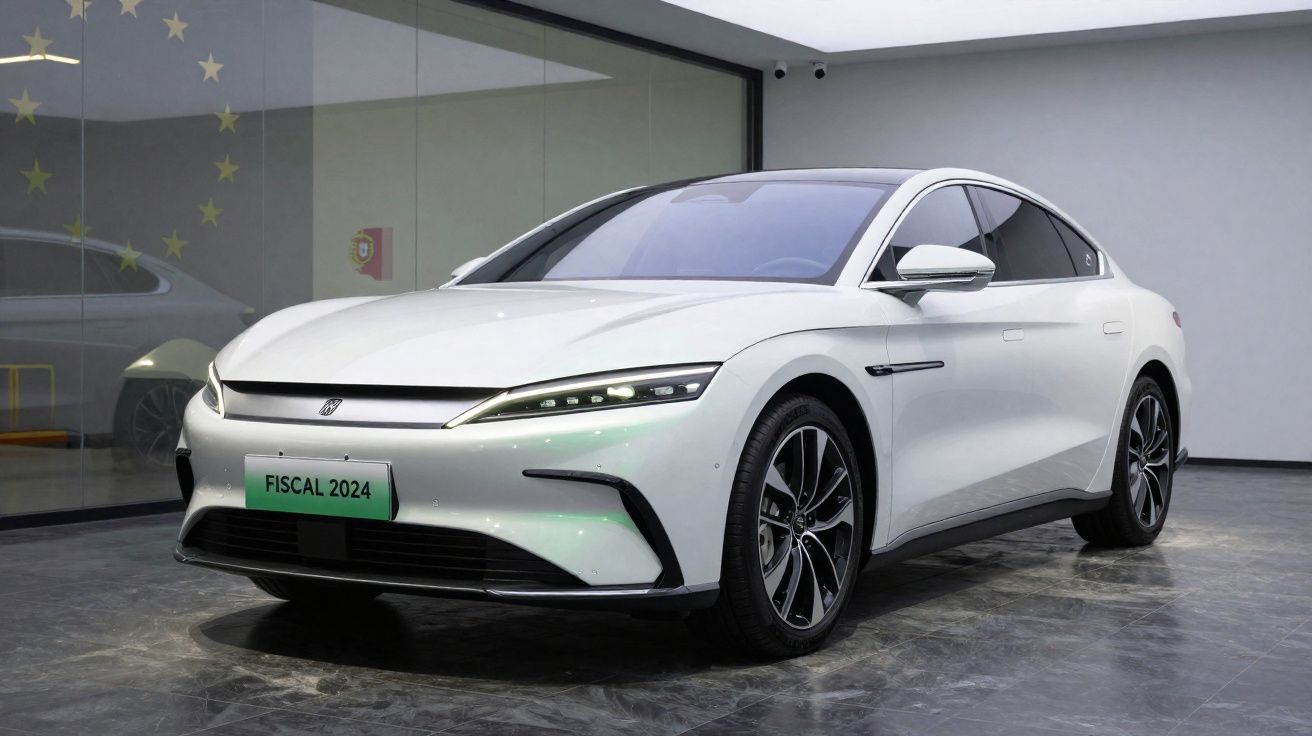 Carro elétrico branco moderno em exposição, com faróis finos e design aerodinâmico, placa Fiscal 2024.