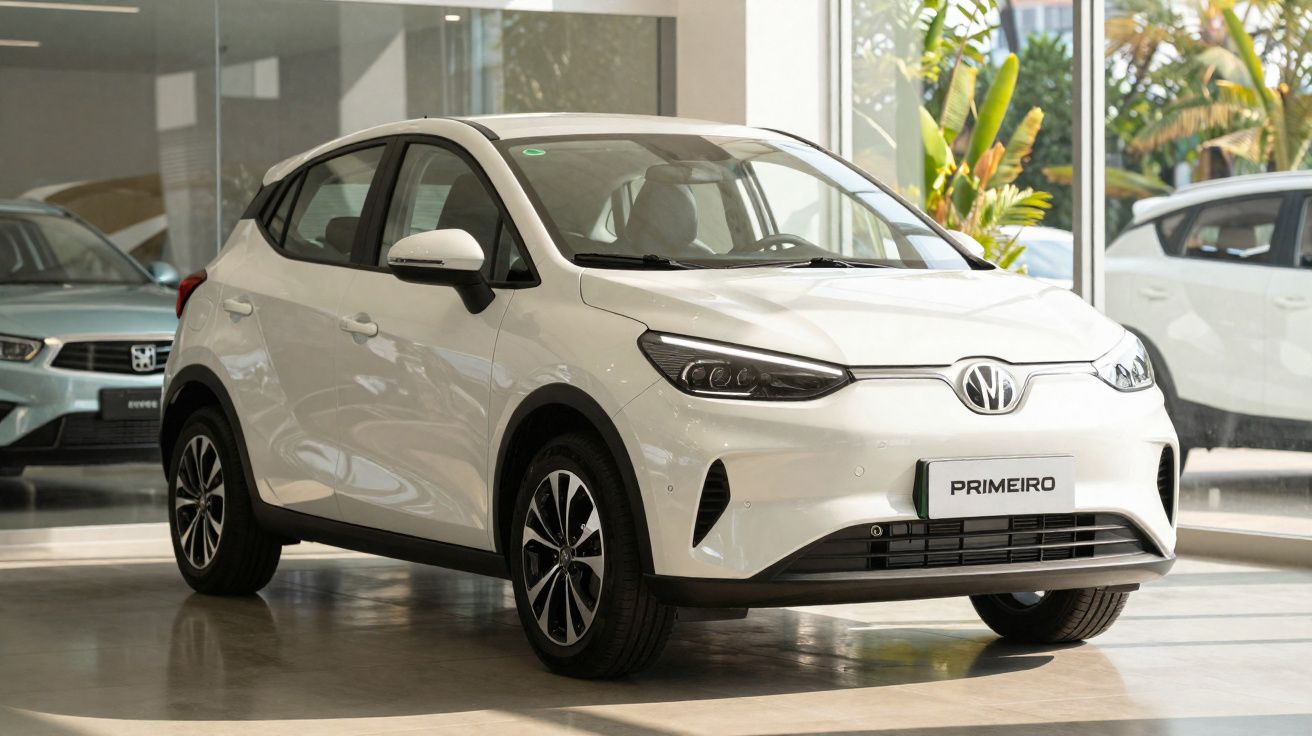 Carro branco compacto elétrico modelo Primeiro em showroom com piso brilhante e plantas ao fundo.