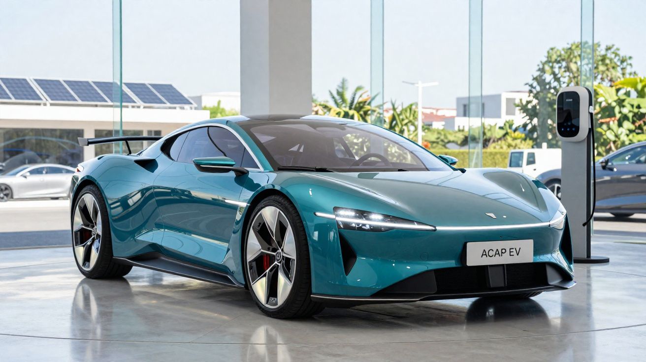 Carro elétrico esportivo azul estacionado em showroom moderno com estação de recarga ao lado.