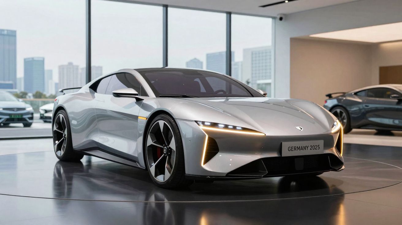 Carro esportivo elétrico prata exibido em salão com iluminação moderna e cidade ao fundo.