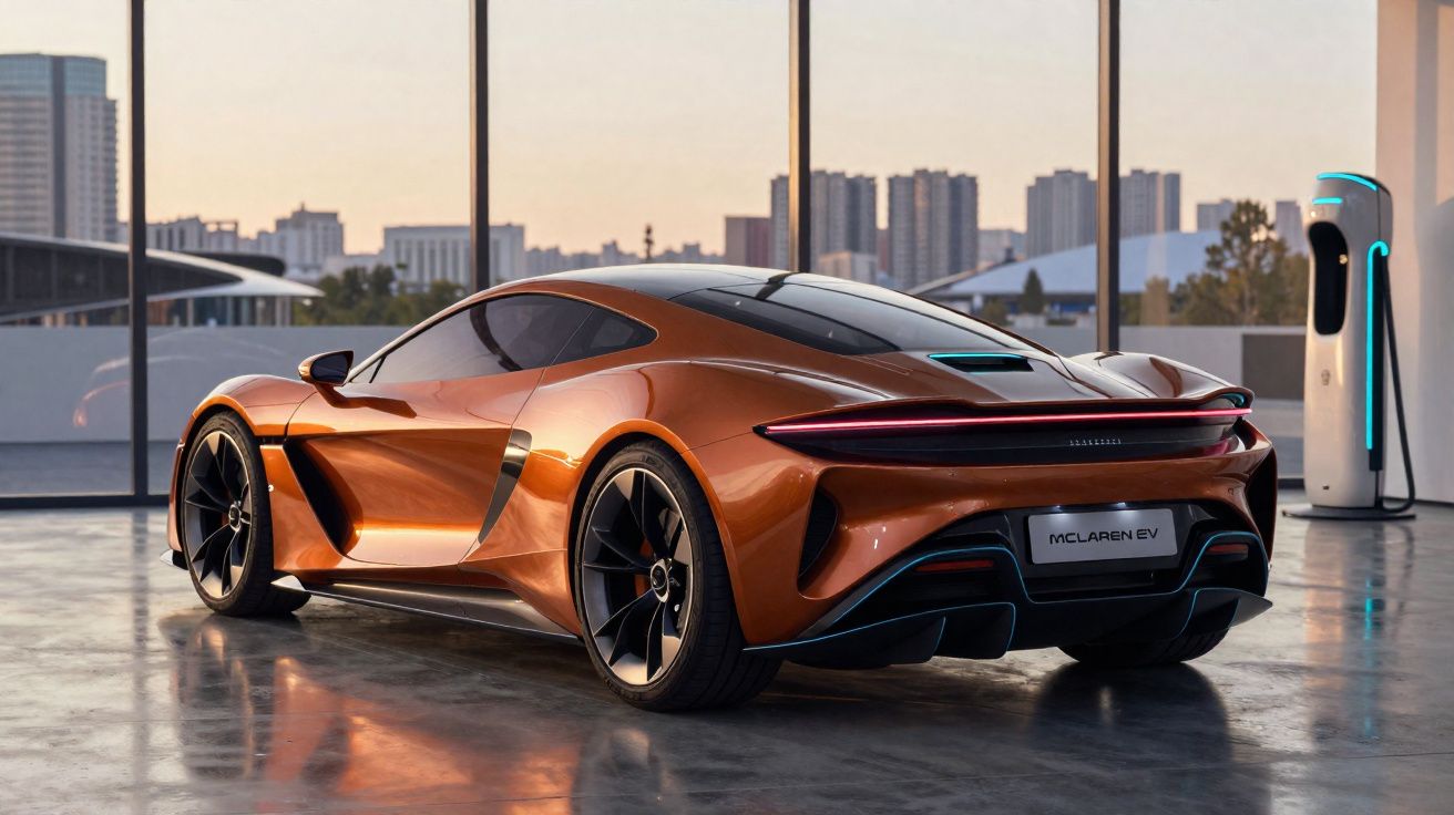 Carro esportivo elétrico McLaren EV laranja estacionado em garagem moderna com carregador ao fundo.