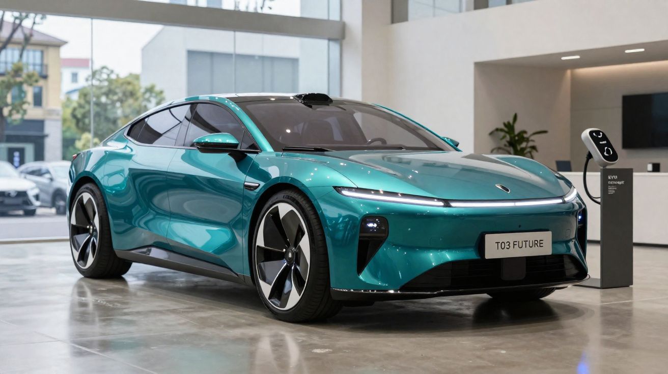 Carro elétrico esportivo azul turquesa estacionado em loja com estação de recarga ao lado.