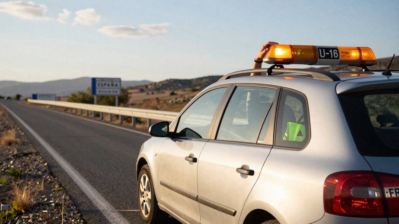 Carro cinza parado na beira da estrada com luzes de sinalização acesas próximo à placa de fronteira da Espanha.