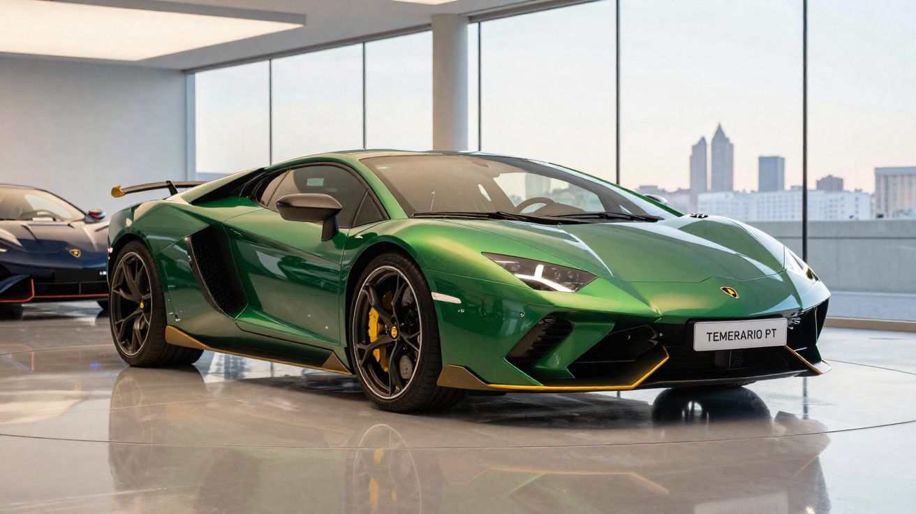 Carro esportivo Lamborghini verde com detalhes dourados em showroom com janela grande e vista urbana.