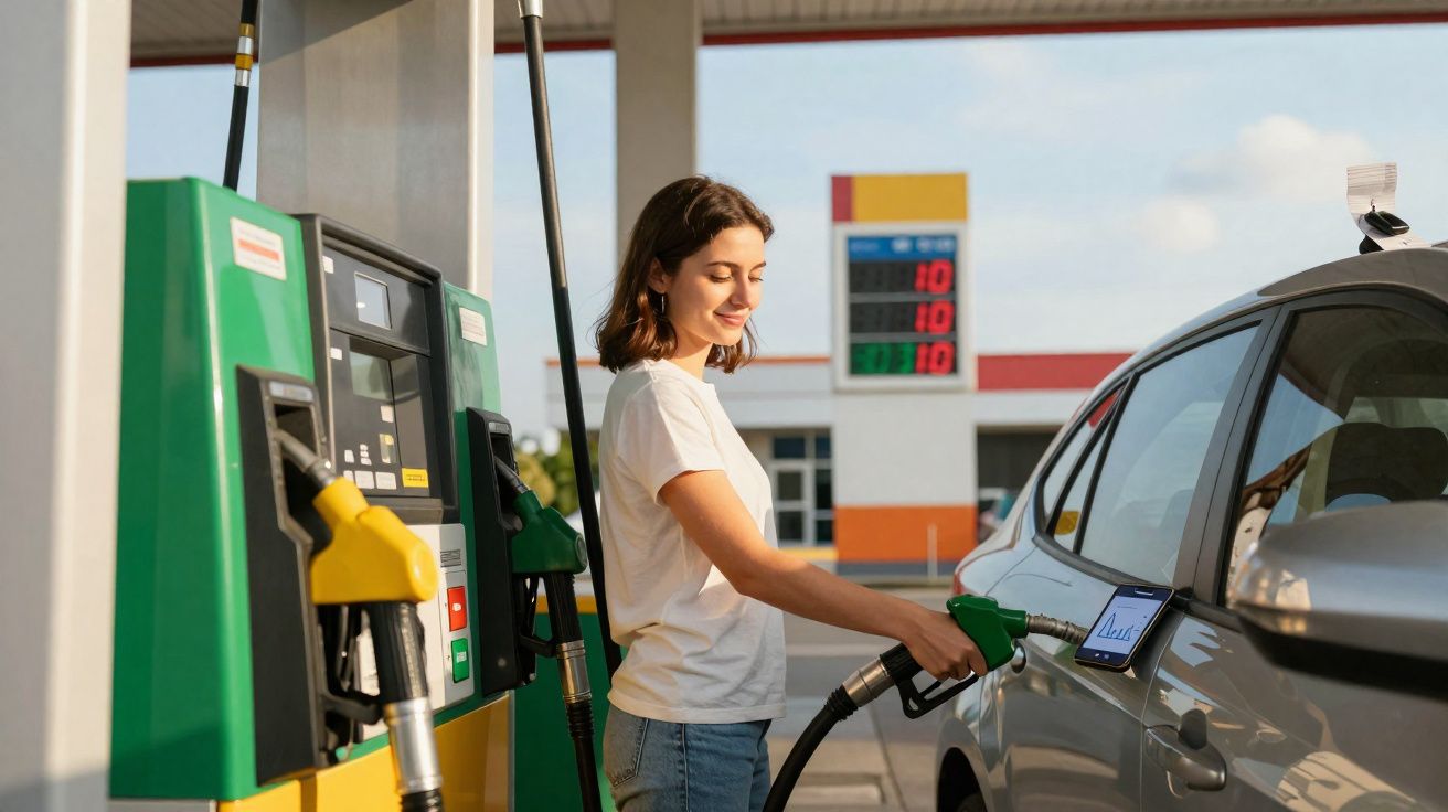 Mulher jovem abastecendo carro em posto de combustível ao ar livre em dia ensolarado.