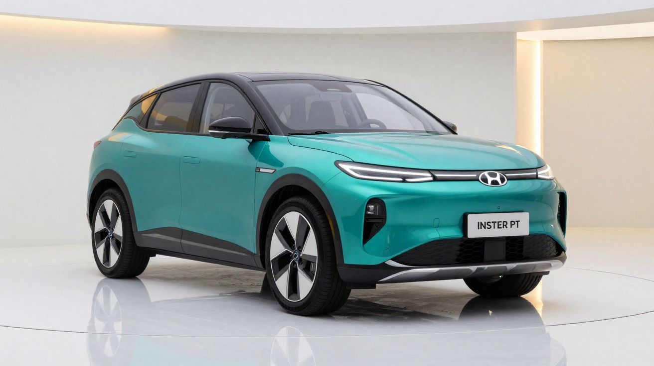 Carro elétrico Hyundai Ioniq 5 azul em ambiente interno branco, vista frontal e lateral direita.