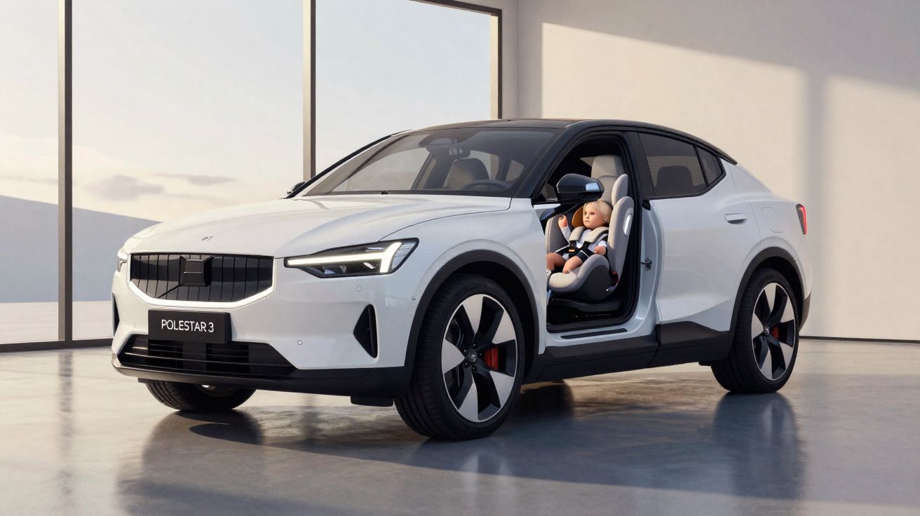Carro branco Polestar 3 em ambiente fechado com criança sentada em cadeirinha no banco traseiro aberto.