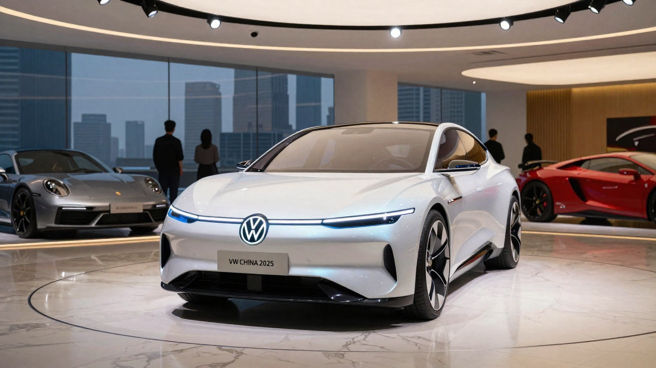 Carro elétrico conceito VW branco em exposição no salão automotivo com outras montadoras no fundo.