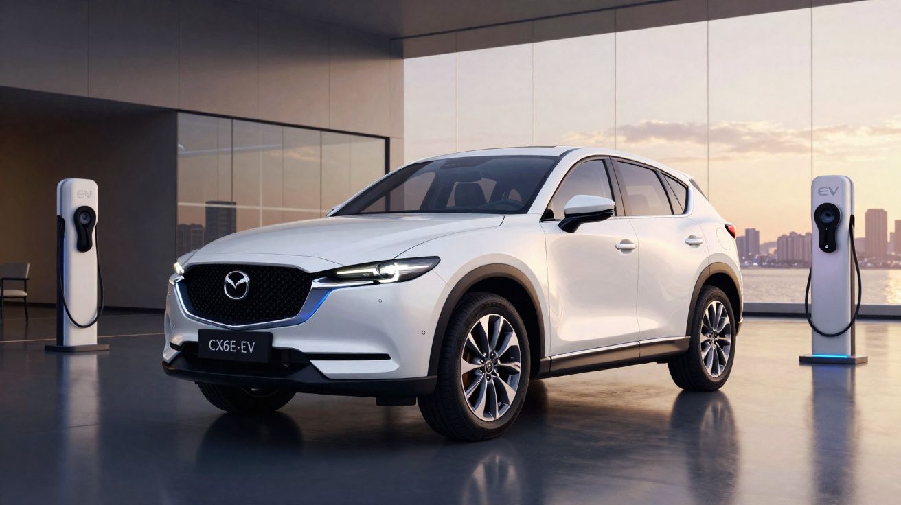 Carro SUV elétrico branco Mazda CX-60 EV estacionado em estação de recarga interna com vista para cidade.