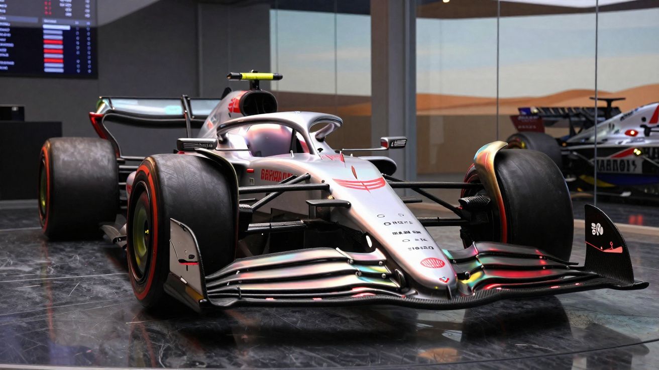 Carro de Fórmula 1 prata com detalhes em vermelho exposto em ambiente interno com piso escuro.