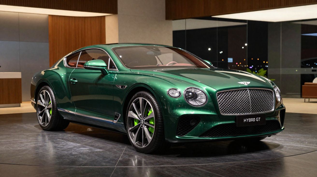 Carro esportivo verde Bentley Hybrid GT estacionado em ambiente interno sofisticado.