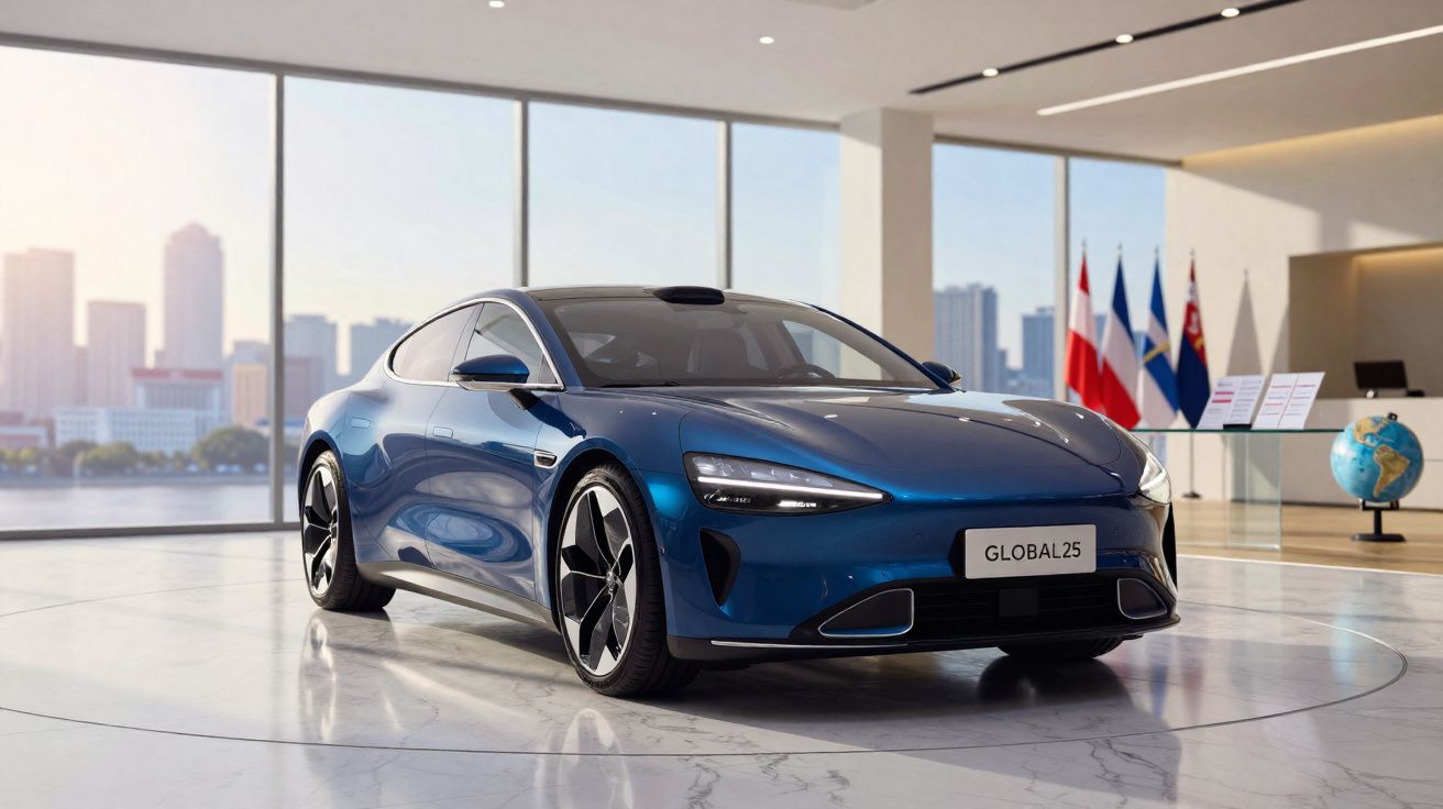 Carro esportivo azul escuro em showroom moderno com grandes janelas e vista para cidade.