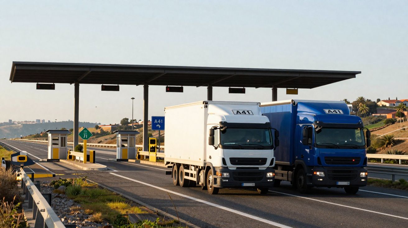 Dois caminhões branco e azul passando por praça de pedágio em rodovia sob céu claro.