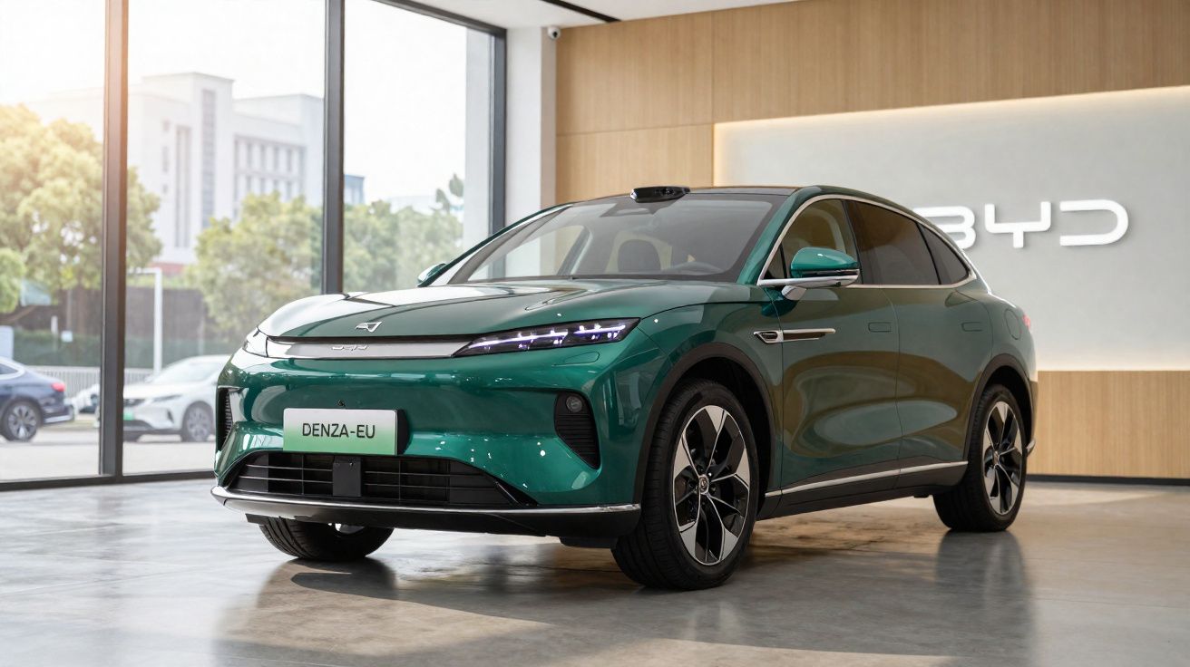Carro elétrico BYD Denza-EU verde exibido em salão moderno com paredes de madeira e grandes janelas.