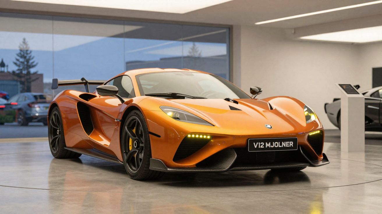 Carro esportivo laranja V12 Mjolner estacionado em ambiente interno moderno e iluminado.