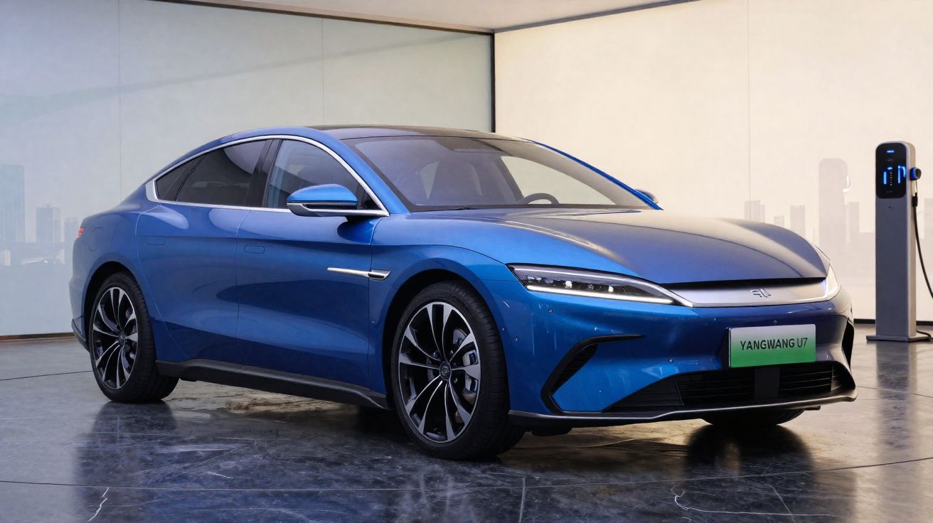 Carro elétrico azul Yangwang U7 estacionado em ambiente interno moderno com estação de recarga ao fundo.