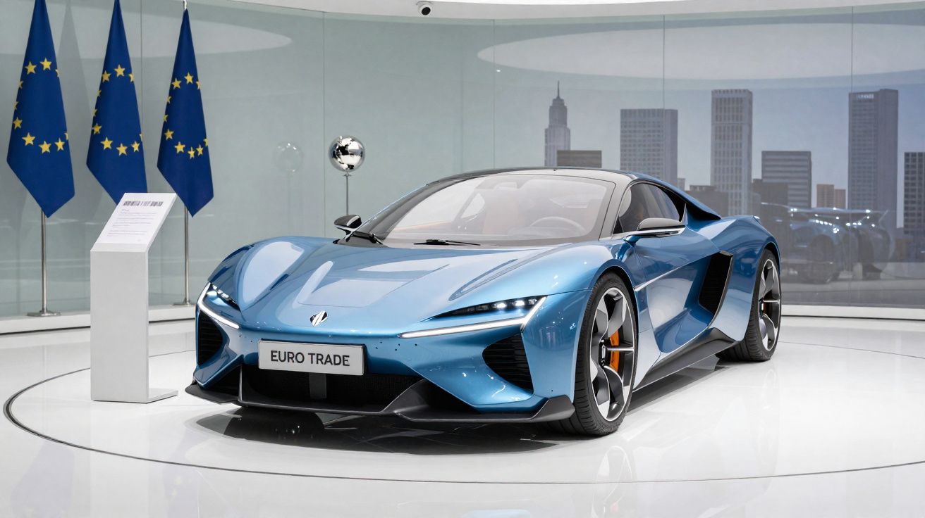 Carro esportivo azul metálico exibido em estande moderno com bandeiras da União Europeia ao fundo.
