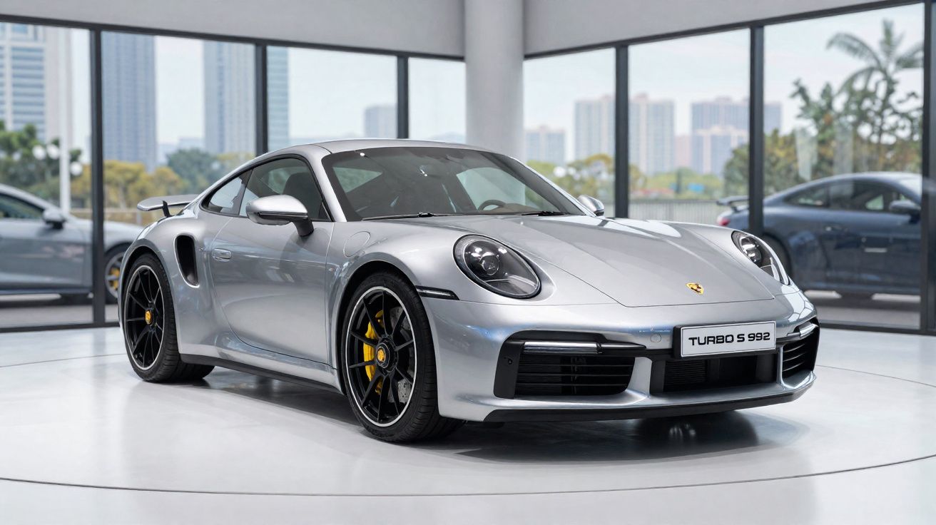 Carro esportivo Porsche Turbo S 992 prata exibido em showroom moderno com grandes janelas.