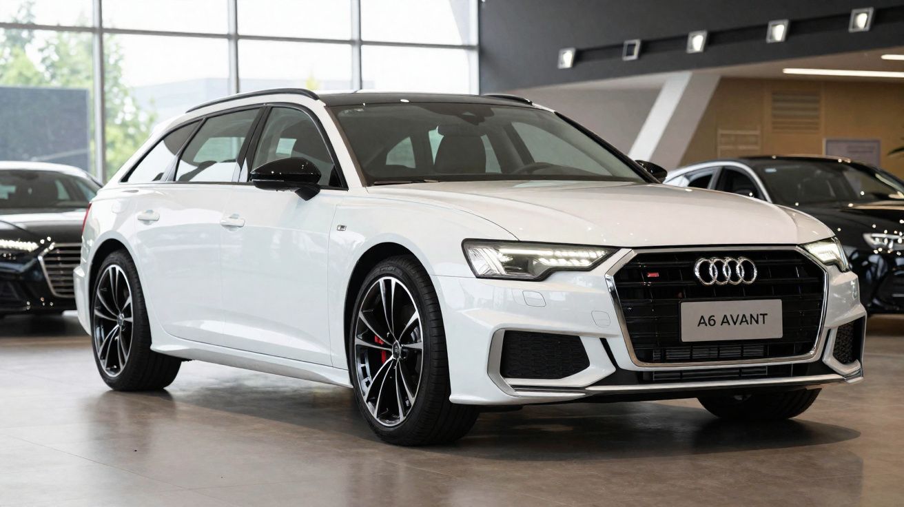 Carro Audi A6 Avant branco, estilo perua, em showroom com piso cinza e janelas grandes.