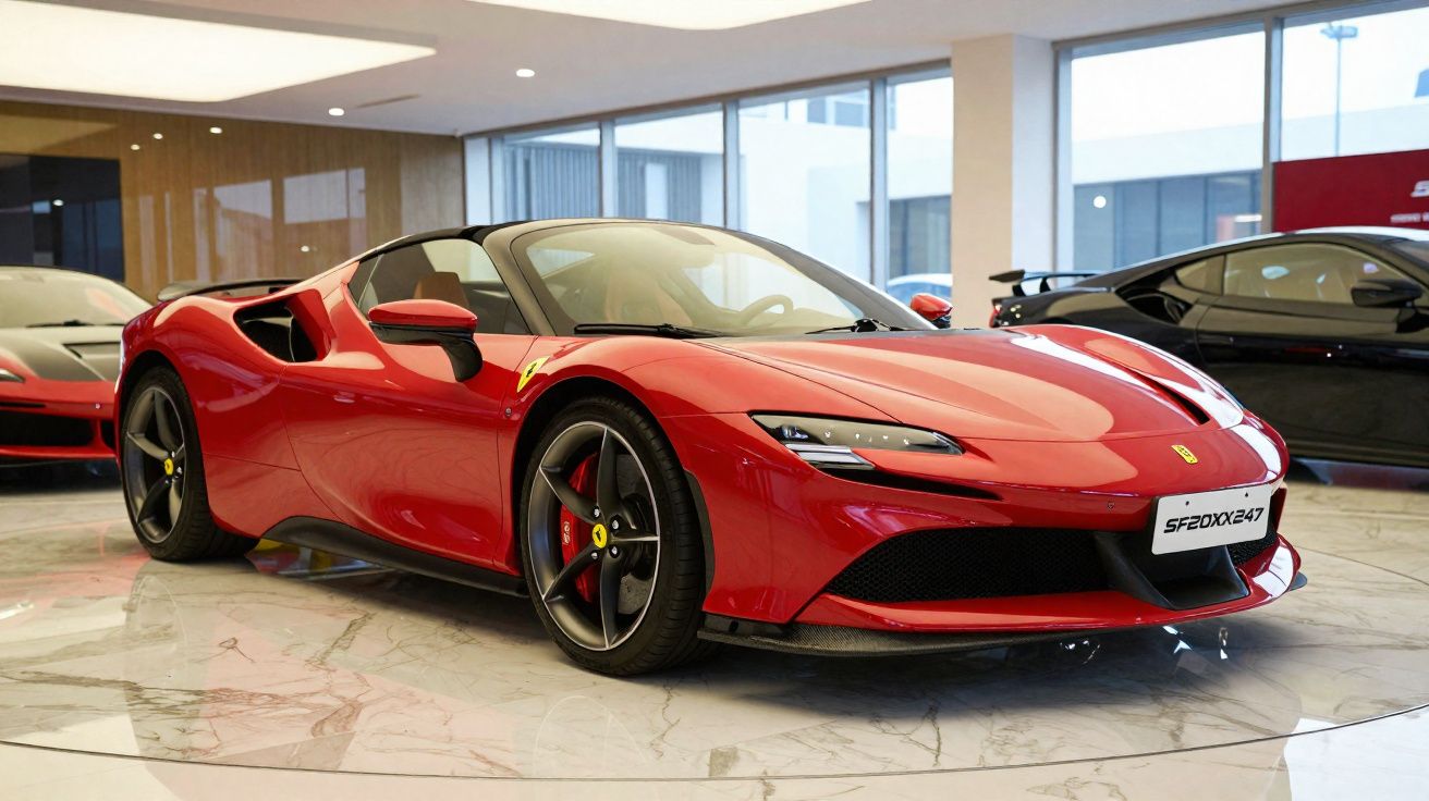 Carro esportivo vermelho Ferrari conversível exposto em showroom com piso de mármore.
