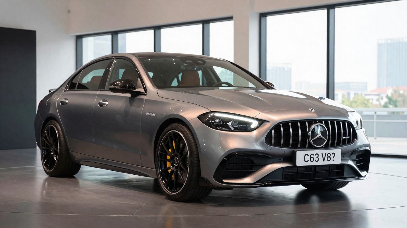 Carro esportivo Mercedes-Benz cinza em showroom moderno, modelo C63 V8, com rodas pretas e detalhes amarelos.