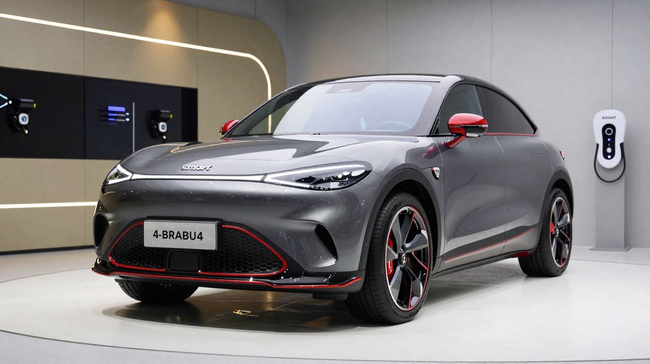 Carro elétrico cinza Smart BRABUS em exposição, com carregador ao fundo em ambiente moderno.