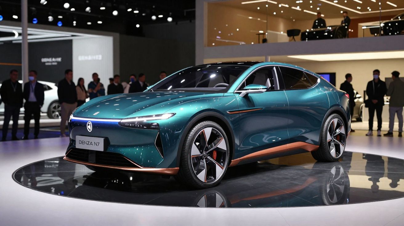 Carro elétrico Denza N7 verde metálico em exposição com pessoas ao fundo em salão automotivo.