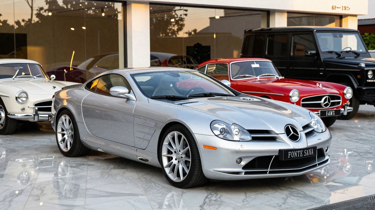 Carros clássicos e modernos da Mercedes-Benz exibidos em showroom com piso de mármore.