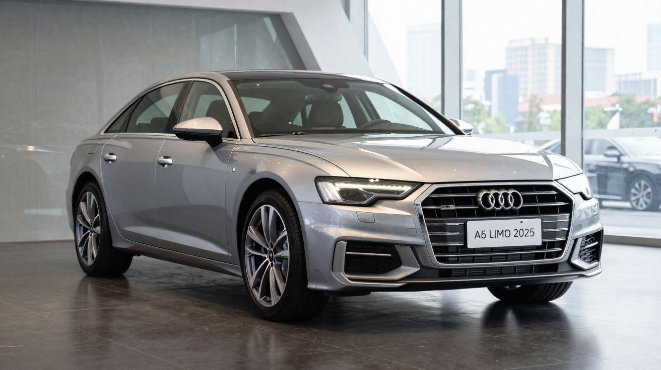 Carro Audi A6 2025 prata exibido em showroom com janelas grandes e piso escuro.